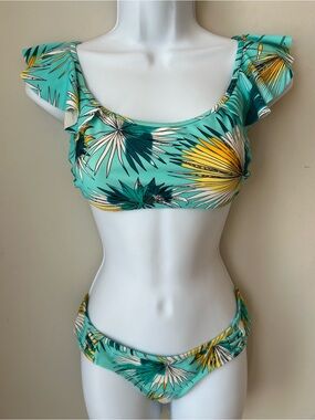 Eidon Tropical Floral Flutter Sleeve Bikini Set Aqua Turquoise Retro S